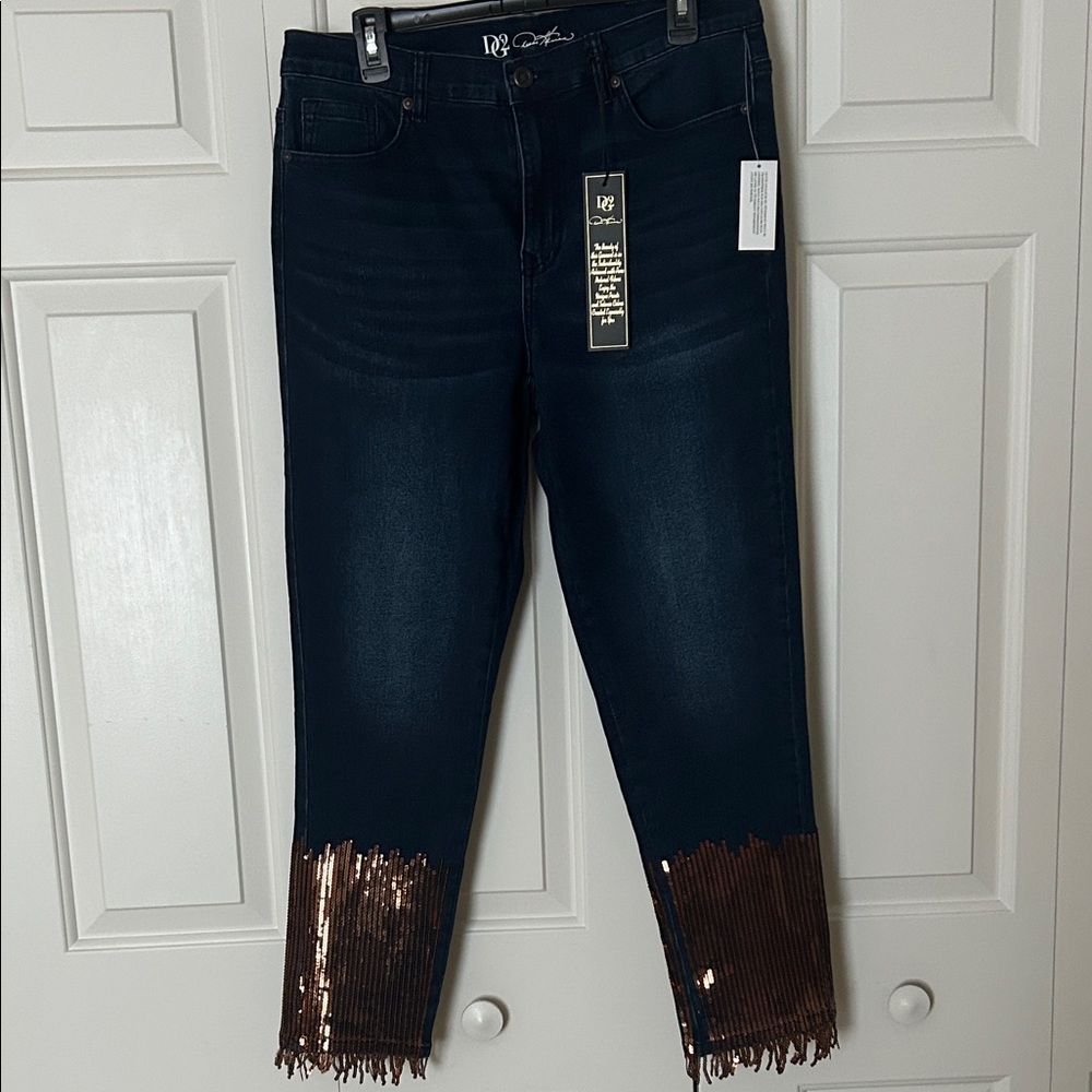 DG2 by Diane Gilman Dark Blue Jeans with Sequin Fringe Hem, sz 14